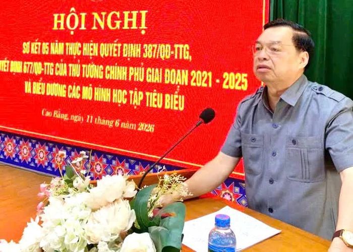 Phó Chủ tịch kiêm Tổng thư ký Hội Khuyến học Việt Nam Lê Mạnh Hùng phát biểu tại hội nghị.