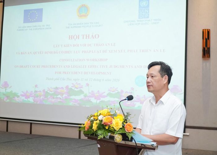 Phó Chánh án TANDTC Nguyễn Văn Tiến phát biểu tại hội thảo.