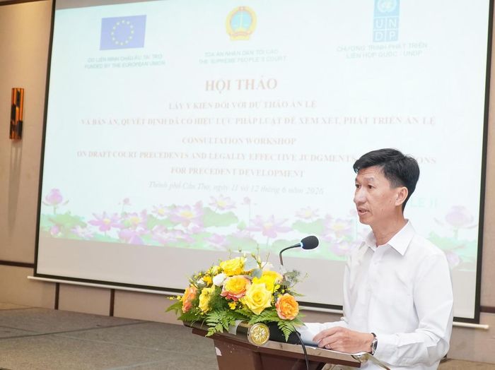 Ông Nguyễn Hoàng Lâm, Phó Chánh án TAND TP. Cần Thơ trình bày tham luận góp ý đối với các dự thảo án lệ dân sự.