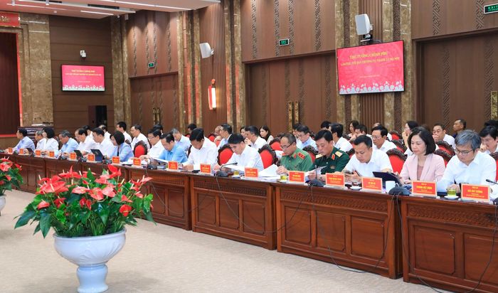 Các đại biểu tham dự buổi làm việc của Thủ tướng Chính phủ Lê Minh Hưng với Ban Thường vụ Thành ủy Hà Nội. Ảnh: Quang Thái