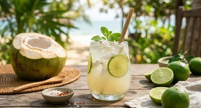 Nước chanh kết hợp nước dừa phù hợp dùng hằng ngày để giảm cảm giác mệt mỏi do nắng nóng.