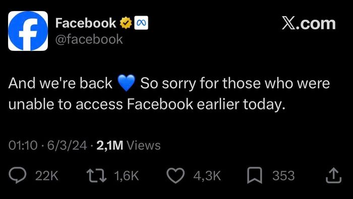  Bài đăng gần nhất của Facebook trên X được đăng vào ngày 6/3/2024, cũng là một lời xin lỗi sau sự cố sập hệ thống. 