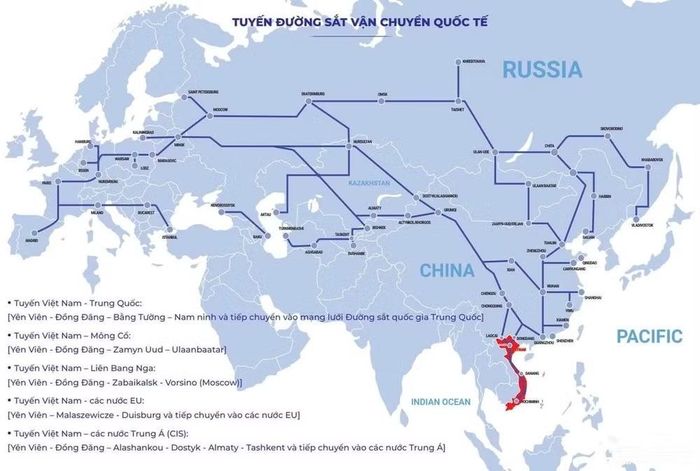 Bản đồ tuyến đường sắt vận tải quốc tế về hợp tác giữa VNR và TR. (Ảnh: Tổng Công ty Đường sắt Việt Nam)