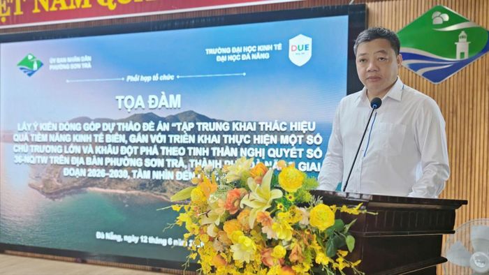 Chủ tịch UBND phường Sơn Trà Đinh Vui phát biểu tại buổi tọa đàm.