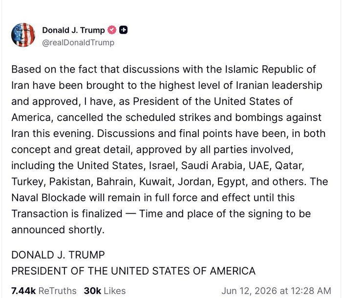  Tổng thống Mỹ Donald Trump đăng thông tin về tiến trình đàm phán với Iran trên mạng xã hội Truth Social. Ảnh: TRUTH SOCIAL 