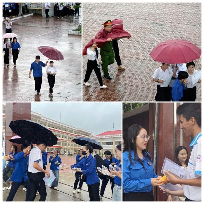 Tình nguyện viên hỗ trợ thí sinh bất chấp thời tiết bất lợi.