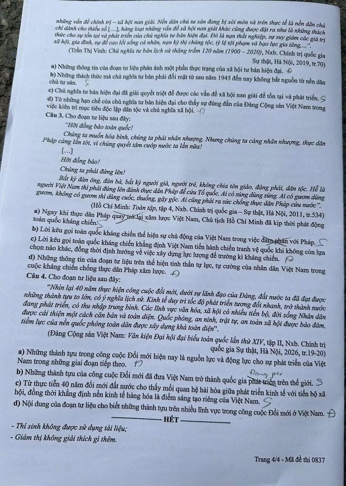 Đề thi môn lịch sử