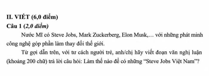 Câu hỏi trong đề thi Ngữ văn tốt nghiệp THPT năm 2026 với cụm từ “Steve Jobs Việt Nam” nhanh chóng trở thành chủ đề được giới trẻ bàn luận sôi nổi trên mạng xã hội.