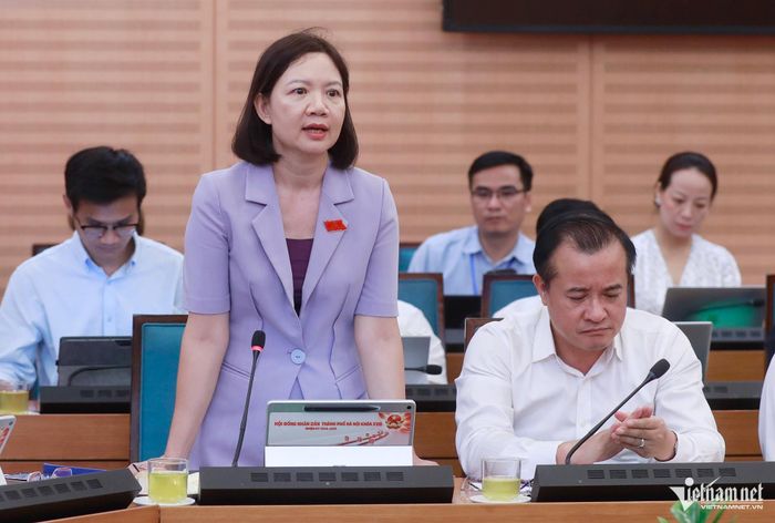 Bà Đỗ Thị Lan Hương, Bí thư Đảng ủy, Chủ tịch HĐND phường Tùng Thiện phát biểu tại tổ sáng nay