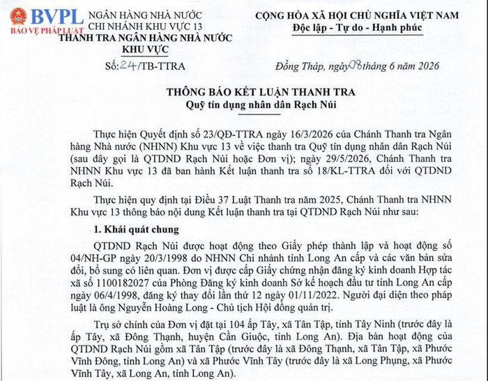 Thông báo kết luận thanh tra Quỹ tín dụng nhân dân Rạch Núi. (Ảnh:MP)