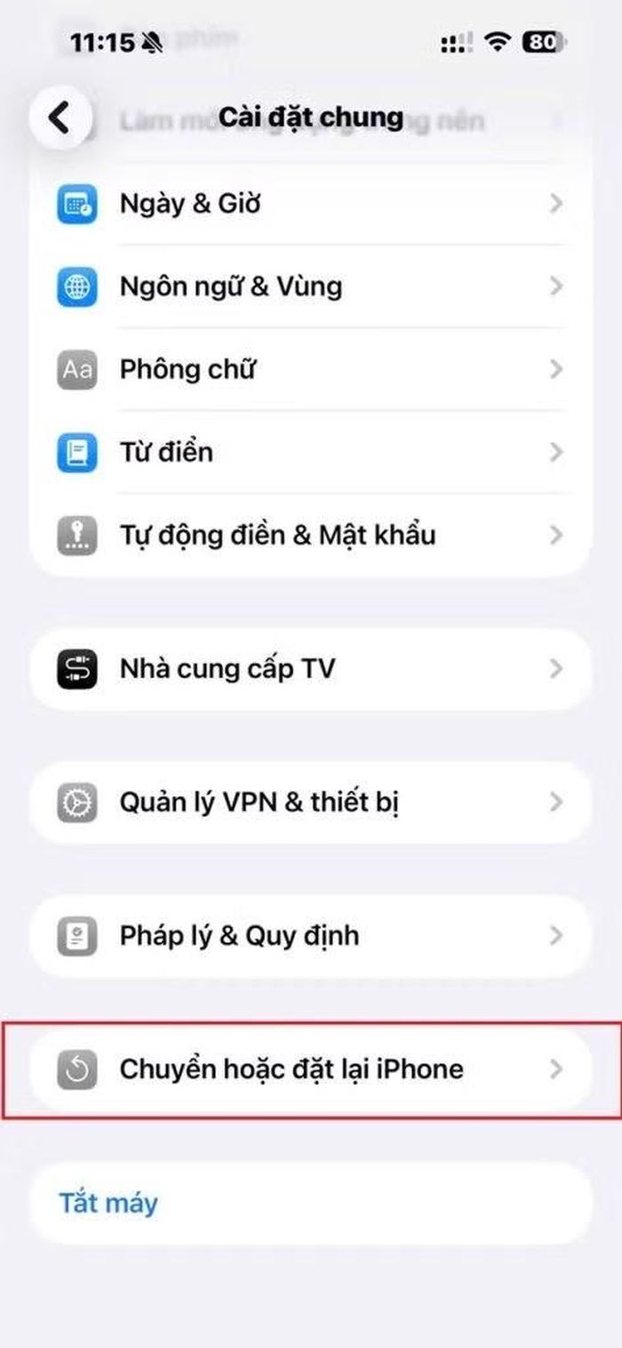  Thiết lập lại toàn bộ cài đặt gốc. 