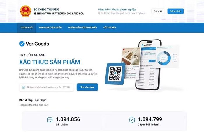 Giao diện của Hệ thống truy xuất nguồn gốc hàng hóa tại Verigoods.vn. (Ảnh: PV/Vietnam+)