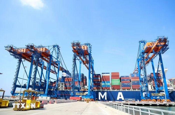 Cảng quốc tế Gemalink nằm trong cụm cảng Cái Mép-Thị Vải thường xuyên đón các tàu mẹ siêu trọng từ nhiều nơi trên thế giới. (Ảnh: Hồng Đạt/TTXVN)