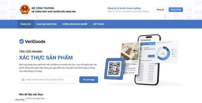 Giao diện của Hệ thống truy xuất nguồn gốc hàng hóa tại Verigoods.vn. Ảnh chụp màn hình.