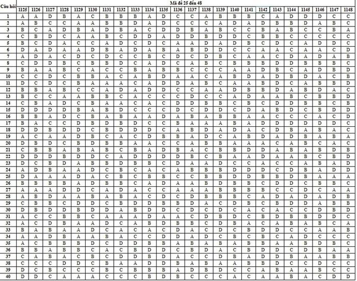 Gợi ý đáp án môn Tiếng Anh mã đề 1125 - 1148.