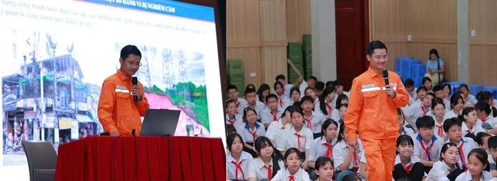 Ông Phạm Anh Tuấn, Bí thư Đoàn Thanh niên Công ty, Phó Trưởng Điện lực Hạc Thành tham gia trao đổi, lan tỏa kiến thức về an toàn điện tới thiếu nhi tham gia trại hè.