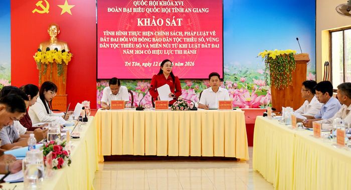 Phó trưởng Đoàn chuyên trách Đoàn Đại biểu Quốc hội tỉnh Lý Anh Thư phát biểu tại buổi khảo sát.