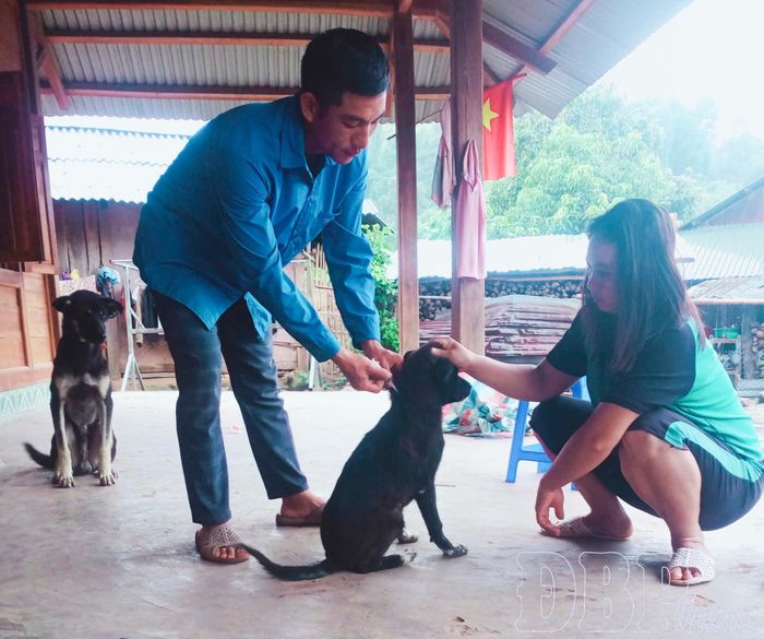 Cán bộ Trung tâm Dịch vụ tổng hợp tiêm phòng dại cho chó, mèo trên địa bàn xã.