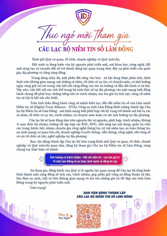 Thư ngỏ mời tham gia Câu lạc bộ Niềm tin số Lâm Đồng