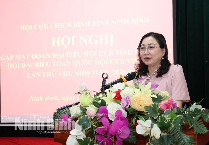 Đồng chí Đinh Thị Lụa, Phó Bí thư Tỉnh ủy, Chủ tịch Ủy ban MTTQ Việt Nam tỉnh phát biểu tại buổi gặp mặt.