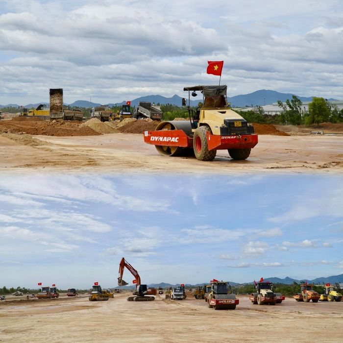 Dưới cái nắng gay gắt của miền Trung, đại công trường dự án xây dựng đường cất hạ cánh số 2 tại Cảng hàng không Phù Cát vẫn duy trì không khí thi công khẩn trương. Hàng trăm kỹ sư, công nhân cùng hàng trăm phương tiện, thiết bị được huy động, làm việc liên tục để đẩy nhanh tiến độ dự án.