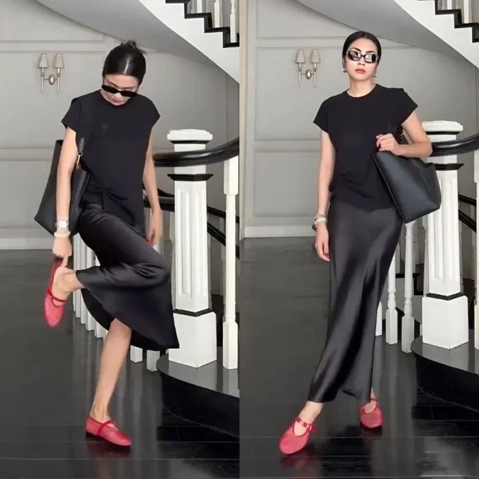 Với outfit này, "ngọc nữ" kết hợp áo thun đồng màu với chân váy, tạo điểm nhấn bằng đôi giày búp bê đỏ.