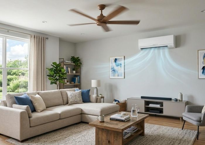 Nên kết hợp điều hòa và gió từ quạt trần để căn phòng mát nhanh và mát đều. (Ảnh: BNC)