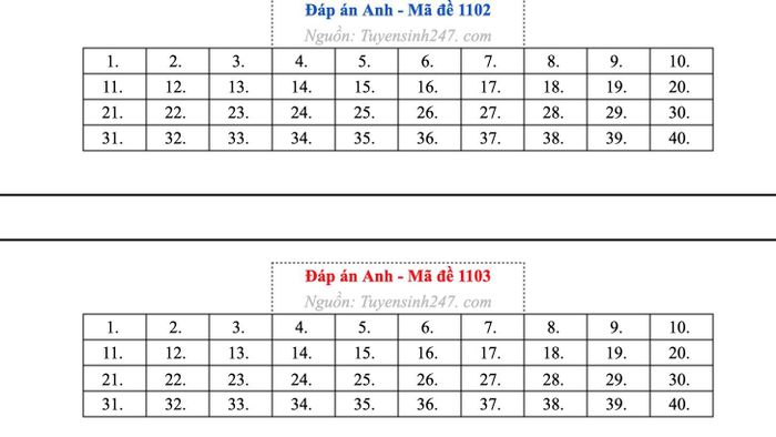 Gợi ý đáp án môn tiếng Anh mã đề 1102 và 1103