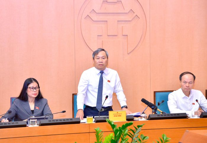 Ủy viên Trung ương Đảng, Phó Bí thư Thành ủy, Chủ tịch UBND thành phố Hà Nội Vũ Đại Thắng phát biểu. Ảnh: Viết Thành