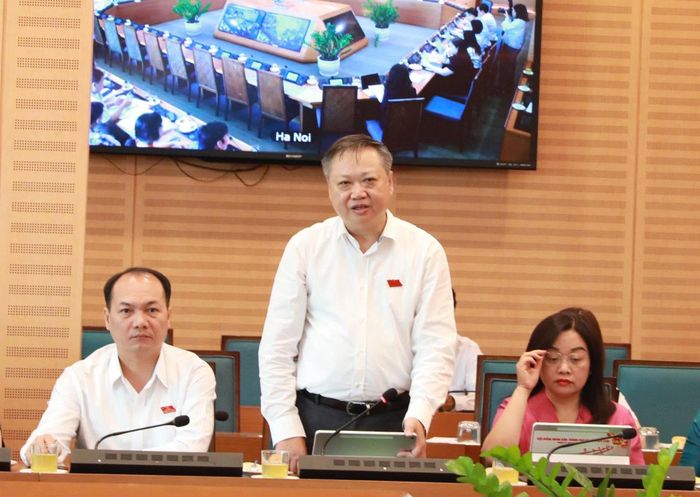 Bí thư Đảng ủy xã Gia Lâm Lê Ngọc Anh thảo luận tại tổ 2. Ảnh: Thành Thái