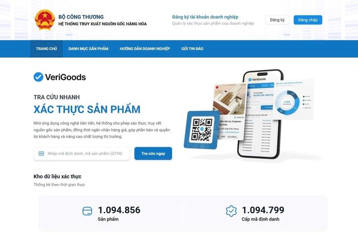 Giao diện của Hệ thống truy xuất nguồn gốc hàng hóa tại Verigoods.vn. Ảnh: P.V