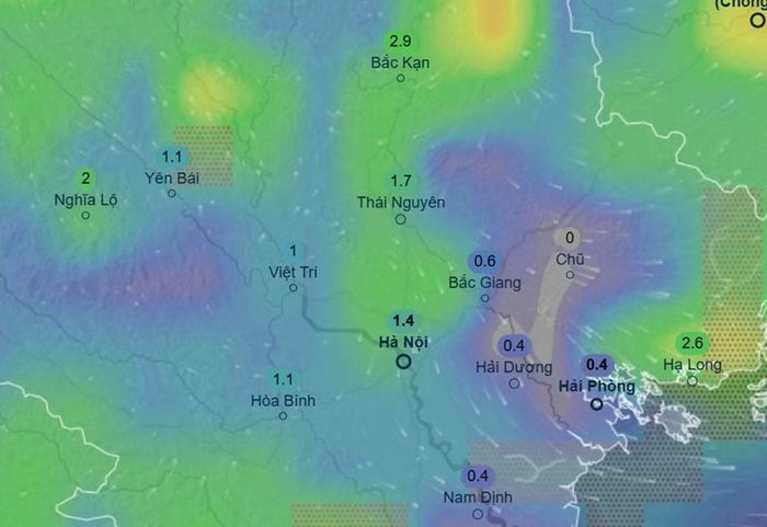 Dự báo mưa ở một số khu vực tại miền Bắc vào khoảng đêm 15/6 đến ngày 16/6 (những con số trong hình là lượng mưa dự báo trong 3 giờ). Ảnh: Ventusky, GFS.