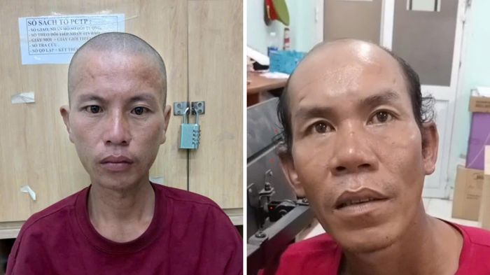  Hồ Cầm (46 tuổi, quê Quảng Ngãi, bên phải) và Trương Quốc Huy (39 tuổi, ngụ TP.HCM) tại cơ quan công an. Ảnh: CA 