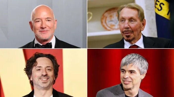  Nhà sáng lập Amazon Jeff Bezos, nhà sáng lập Oracle Larry Ellison, các nhà sáng lập Google Larry Page và Sergey Brin. Mặc dù mỗi người đều sở hữu khối tài sản khoảng 250 tỷ USD, nhưng tổng tài sản của họ cộng lại vẫn không thể vượt qua Elon Musk. Ảnh: CNN. 