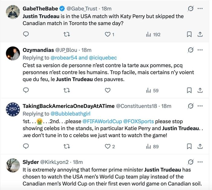  Hàng loạt bài đăng chỉ trích sự xuất hiện của ông Justin Trudeau cùng bạn gái trên khán đài trận Mỹ - Paraguay. Ảnh: X. 