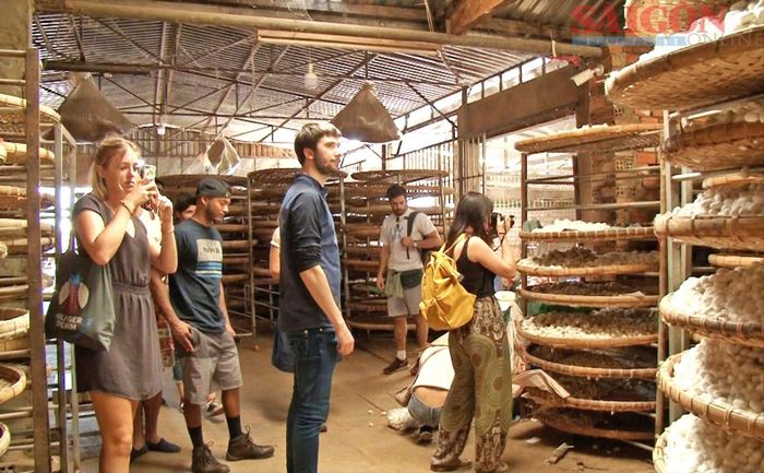  Du khách quốc tế tham quan không gian gian nhà xưởng sơ chế nhộng tằm tại Nam Ban Lâm Hà 