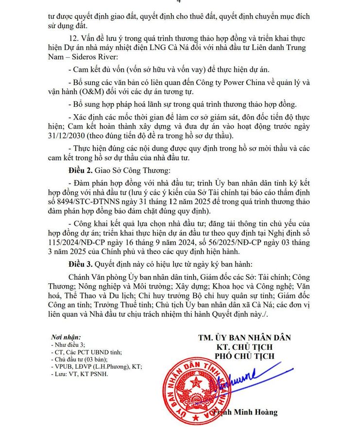 Ngày 28/1/2026, UBND tỉnh Khánh Hòa phê duyệt kết quả lựa chọn nhà đầu tư thực hiện dự án, trong đó Liên danh Trung Nam - Sideros River là đơn vị trúng thầu và được giao triển khai Nhà máy nhiệt điện LNG Cà Ná.
