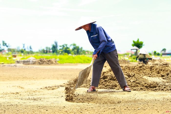 Những người làm muối ở Châu Hạ đa phần đều đã lớn tuổi, gắn bó hàng chục năm với nghề.