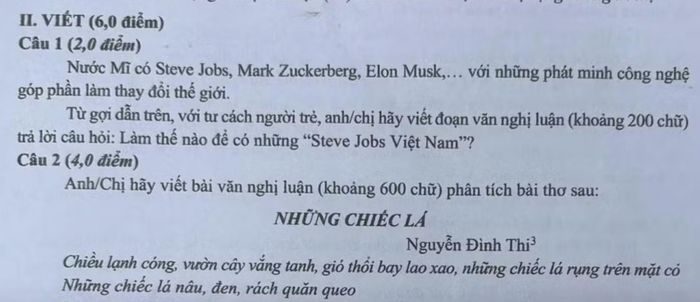 Câu hỏi số 1 của phần Viết trong đề thi môn Ngữ văn nhận được sự quan tâm đặc biệt của dư luận. (Ảnh: Vietnam+)