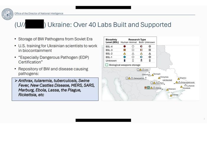 Một trang trong bộ tài liệu mật về phòng thí nghiệm sinh học của Mỹ ở Ukraine, phát hành ngày 12/6/2026. Ảnh: Văn phòng Giám đốc Tình báo Quốc gia Mỹ