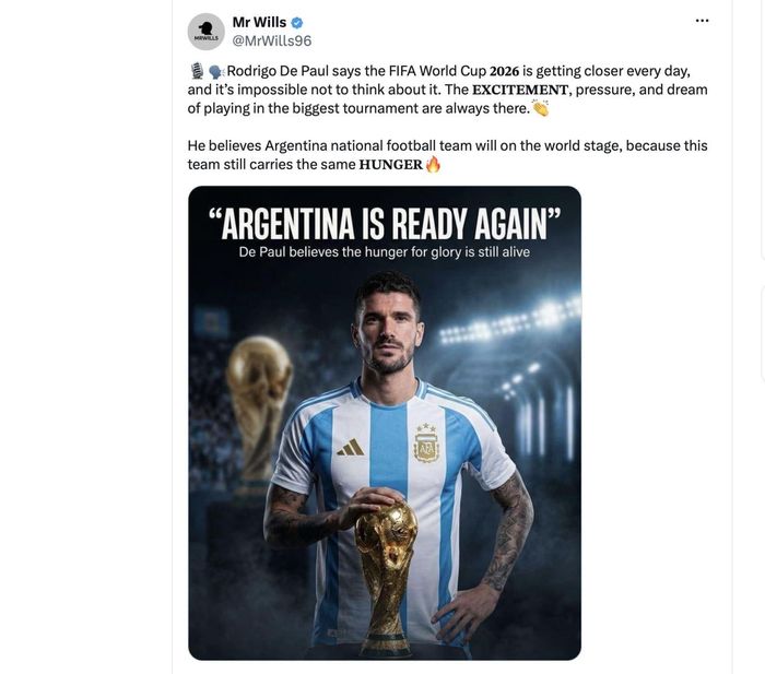 Rodrigo De Paul thi đấu cho tuyển Argentina tại World Cup. Ảnh chụp màn hình: X/Mr Wills