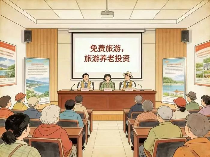 Tranh vẽ mô tả một cuộc hội thảo của công ty kinh doanh mô hình "sở hữu kỳ nghỉ". Ảnh: Sina.