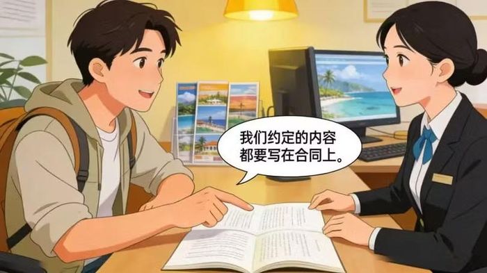 Tranh vẽ mô tả tiếp xúc 1-1 giữa công ty kinh doanh timeshare với khách hàng. Khách hàng yêu cầu mọi nội dung thỏa thuận đều phải ghi vào hợp đồng.