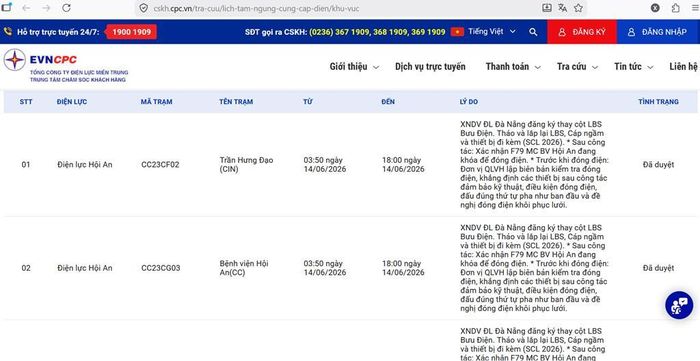Lịch cắt điện Đà Nẵng ngày 14/6 cập nhật tại website của EVNCPC lúc 15h35 ngày 13/6. Ảnh: BNEWS/TTXVN