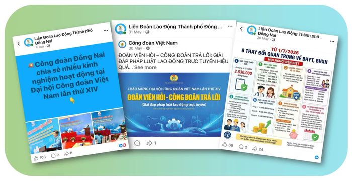 Fanpage Liên đoàn Lao động thành phố Đồng Nai thường xuyên cập nhật, đăng tải các nội dung chính thống, thời sự; đồng thời đây cũng là kênh tiếp nhận ý kiến phản ánh, giải đáp thắc mắc của đoàn viên, người lao động trên địa bàn thành phố. Ảnh chụp màn hình: H.L