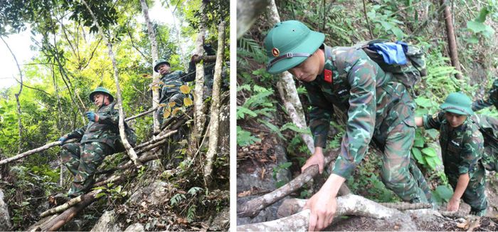 Những chiếc thang làm từ thân cây được dựng lên giữa vách núi đá tai mèo hiểm trở, hỗ trợ lực lượng làm nhiệm vụ tiếp cận khu vực tìm kiếm.