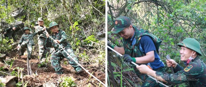 Cán bộ, chiến sĩ sử dụng dây chuyên dụng tiếp cận những vị trí vực sâu, nơi nghi có hài cốt liệt sĩ.