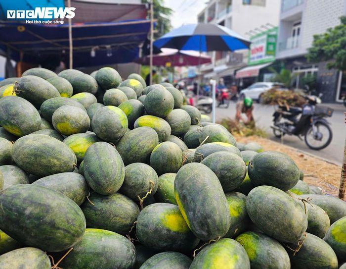 Dưa hấu được bày bán dọc đường với giá 12.000 đồng/kg.