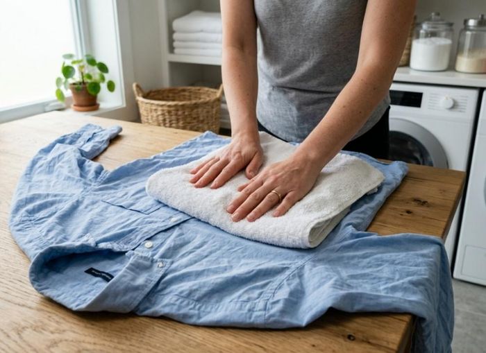 Làm phẳng quần áo bằng khăn tắm ẩm là một mẹo hay ít người biết. Ảnh: HC
