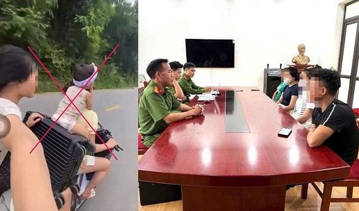 Hình ảnh 2 thiếu nữ điều khiển xe máy lan truyền trên mạng và hình ảnh người vi phạm làm việc với cơ quan Công an. Ảnh: Công an xã Văn Bàn